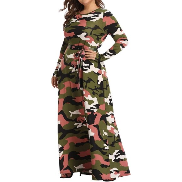 Plus Size Camouflage Maxi Dress Long Sleeve Floor Length Party Casual - Picture 6 of 9